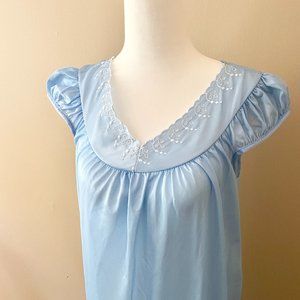 Vintage Nightgown Blue Nylon with Ruffled Cap Sleeves Medium